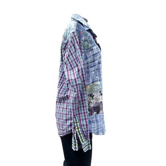 90's Desigual Long Sleeve Plaid Patchwork Floral Button Up‎ Shirt Unisex Mens M - Picture 3 of 12